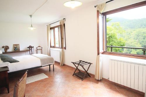 a bedroom with a bed and a large window at Ca' du Tu in Masone