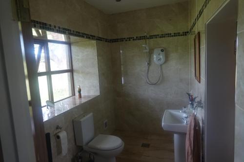 La salle de bains est pourvue de toilettes, d'un lavabo et d'une fenêtre. dans l'établissement Bell Cottage, à Gortahork