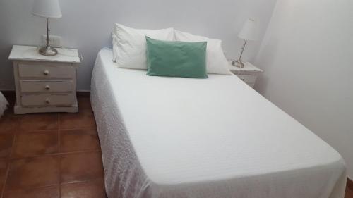 a bed with white sheets and a green pillow on it at Casa Baro in Zahora