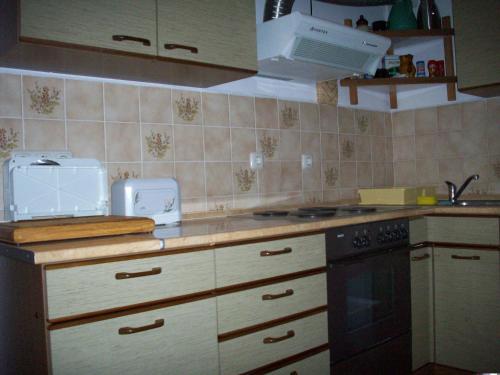 a kitchen with a stove and a counter top at Cabana Bavaria in Sovata