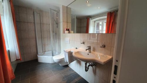 a bathroom with a sink and a shower and a toilet at Wirtshaus zum Baumbach in Aschau im Chiemgau