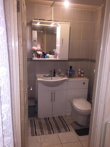 uma casa de banho com um lavatório, um WC e um espelho. em Beautiful Bungalow Home Droitwich SPA em Droitwich