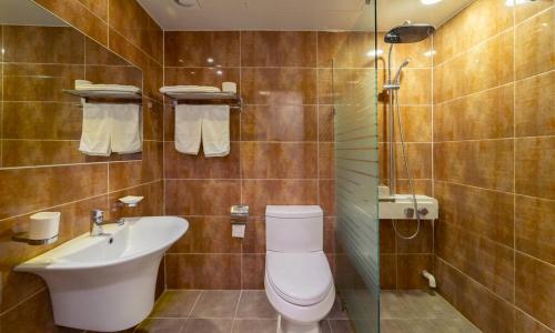 a bathroom with a toilet and a sink and a shower at Pampas Resort in Sokcho