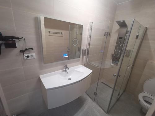 a bathroom with a sink and a shower and a toilet at MaraVali Seaview Mamaia in Mamaia