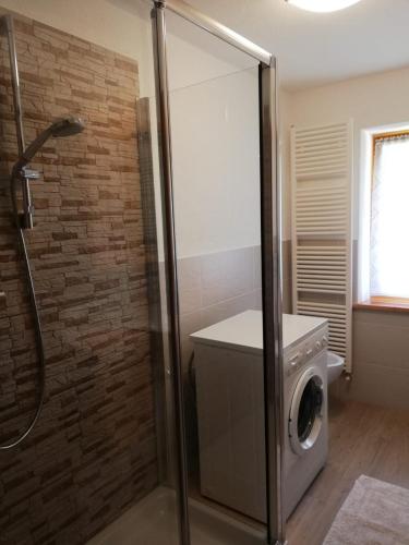 a bathroom with a shower and a washing machine at Cesa de Conesel in Colle Santa Lucia