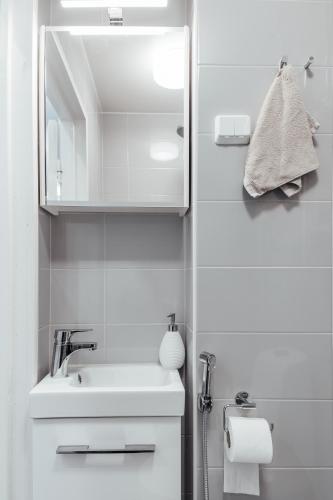 un bagno bianco con lavandino e specchio di Sailor`s Apartment a Helsinki