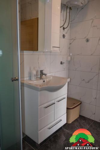a white bathroom with a sink and a shower at Apartmani Pantovic - Apartman 2 in Trebinje