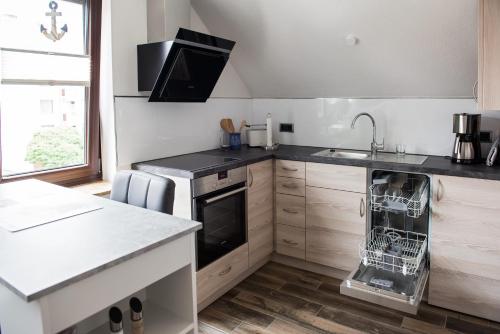 a kitchen with a sink and a dishwasher at Stadtoase in Bremerhaven