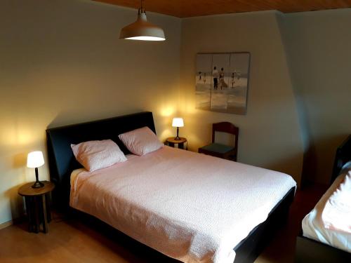 een slaapkamer met een groot bed met 2 tafels en 2 lampen bij Vakantiewoning FINE FLEUR in Brugge