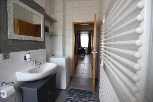 a bathroom with a sink and a mirror at Cozy City-Apartment I Netflix I Prime I Parkplatz in Cottbus
