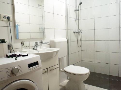 La salle de bains est pourvue de toilettes, d'un lavabo et d'une douche. dans l'établissement Apartment Ella, à Split
