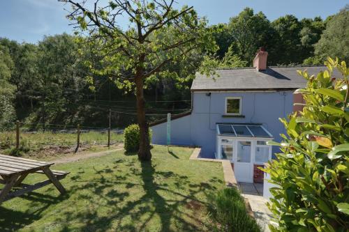 a blue cottage with a bench and a tree at Lilac Cottage in Parkend