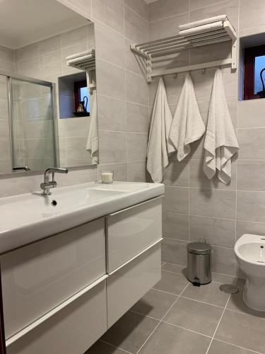 a white bathroom with a sink and a toilet at Quinta da Gandarela in Tarouca