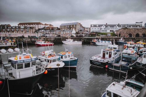 a group of boats are docked in a harbor at The Bamburgh Castle Inn - The Inn Collection Group in Seahouses