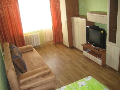 a living room with a couch and a tv at Комфортная 1-комнатная Новопречистенская 1 in Cherkasy