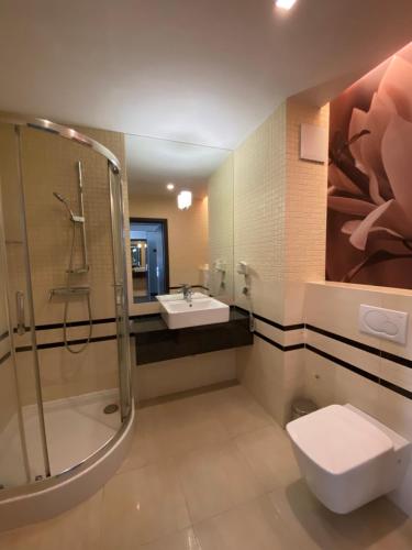 a bathroom with a shower and a toilet and a sink at Apartament prywatny salon z aneksem kuchennym i sypialnią w hotelu Diva in Kołobrzeg