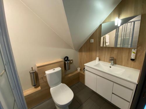 y baño con aseo blanco y lavamanos. en LOGIS - Hôtel Saint Nicolas en Chaumont-en-Vexin