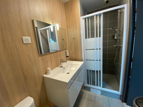 a bathroom with a white sink and a shower at LOGIS - Hôtel & Restaurant Saint Nicolas in Chaumont-en-Vexin