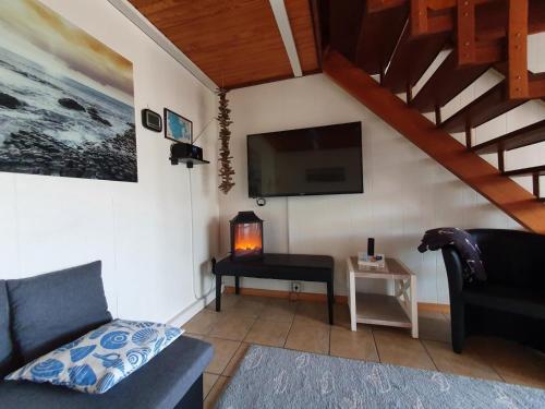 a living room with a couch and a tv at Ferienhäuser Seemannsgarn in Friedrichskoog-Spitz