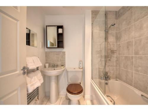 a bathroom with a toilet and a sink and a shower at Peaceful terrace house with allocated parking bay in Reading