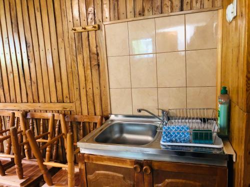 a kitchen with a stainless steel sink and wooden walls at Pensjonat Makuch in Korbielów