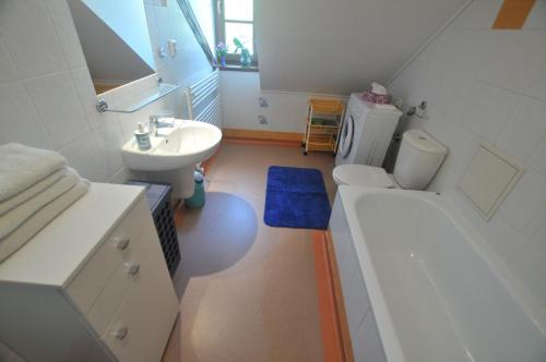 a bathroom with a sink and a toilet and a tub at Soludus-Spišský ľudový dom in Smižany