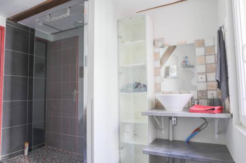 La salle de bains est pourvue d'une douche et d'un lavabo. dans l'établissement A l'ombre du bananier, à Néffiès