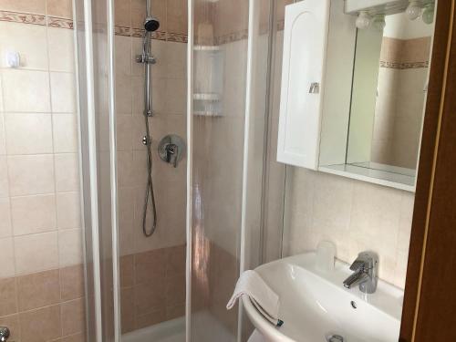 uma casa de banho com um chuveiro e um lavatório. em Baita Mauri em Livigno