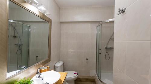 a bathroom with a shower and a sink and a toilet at VacationClub – Turystyczna 1 Apartament 602 in Międzyzdroje