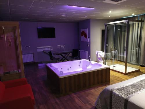 a bathroom with a large tub in a purple room at Motel Los Abedules in Oviedo