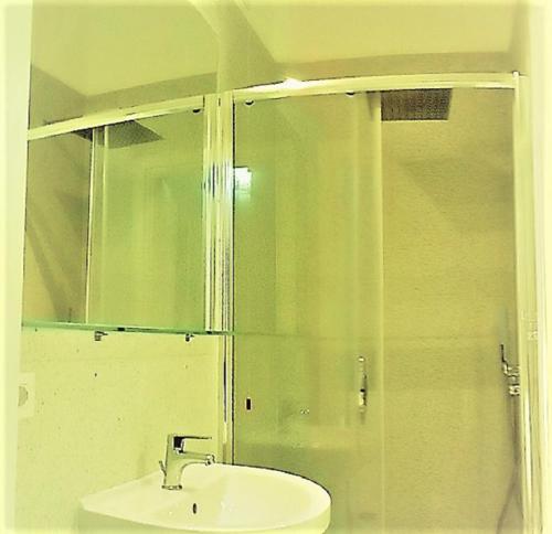 Un baño con lavabo y ducha de cristal. en Cinghiale Bianco, en Cagliari