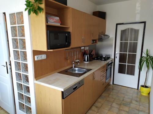 a kitchen with a sink and a counter top at Apartmán Jan in Břeclav