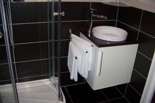 a bathroom with a sink and a shower with towels at Hotel Bal in Tournehem