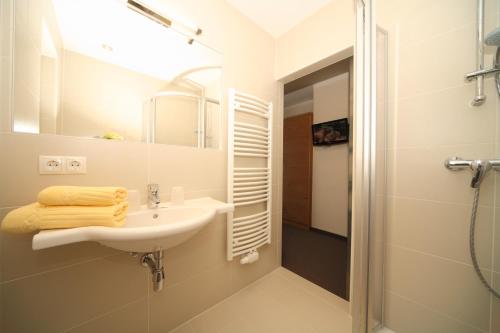 a bathroom with a sink and a shower and a mirror at Edelweiss Apartments in Schladming