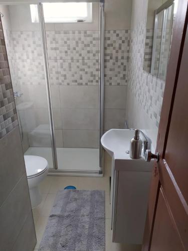 a bathroom with a shower and a toilet and a sink at Casa da Quinta in Covilhã