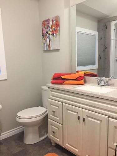 a bathroom with a toilet and a sink and a mirror at Sandy Cove Cottage in Crystal Beach