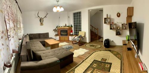 ein Wohnzimmer mit Sofa und Tisch in der Unterkunft Cabana Nisipoasa in Râu de Mori