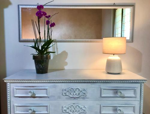 a white dresser with a lamp and a plant on it at Agriturismo Salcino in Grosseto