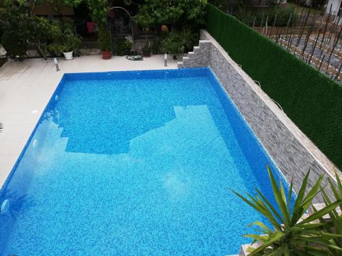 a swimming pool with blue water in a yard at Lile Pestani Accommodation in Peštani