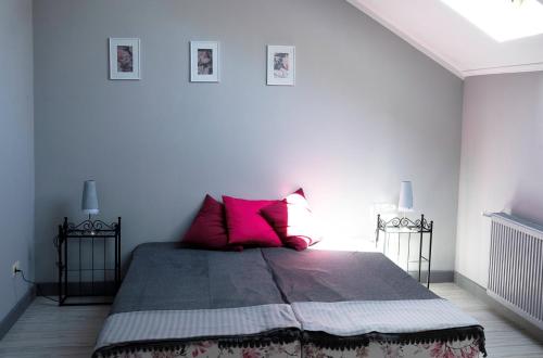 sypialnia z dużym łóżkiem z różowymi poduszkami w obiekcie Apartament pod Morwą w Lubniewicach