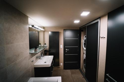 a bathroom with a sink and a washing machine at AH Luxury Baštová 10 in Košice