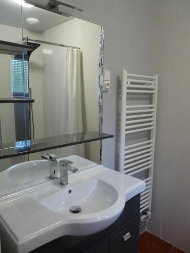 une salle de bain avec un lavabo blanc et un miroir dans l'établissement gite Le verger de la Faverie, à Saint-Nicolas-des-Bois