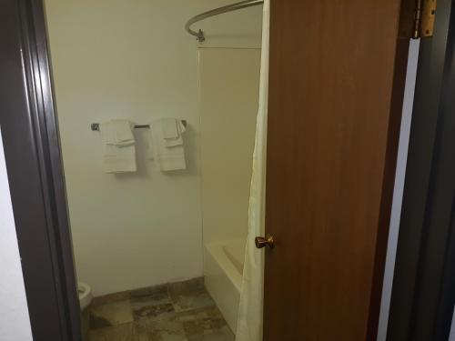 a bathroom with a shower and a toilet and towels at Guest Lodge Motel in Minot