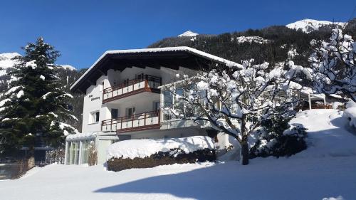 un edificio cubierto de nieve con un árbol delante de él en Haus Silberwang, en Sankt Gallenkirch