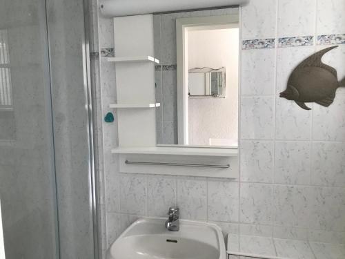a bathroom with a sink and a mirror at Ferienhaus Strandgut in Zingst