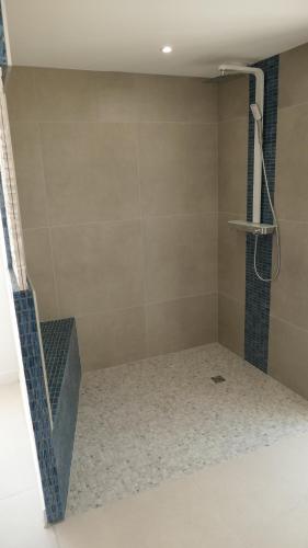 a bathroom with a shower with a tile floor at La Rochelle et l'Aunis in Saint-Sauveur-dʼAunis