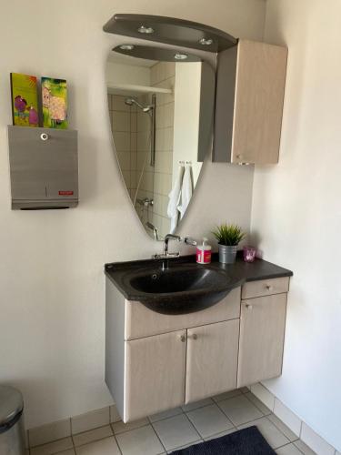 baño con lavabo negro y espejo en Den Skaldede Kok Guesthouse en Bindslev