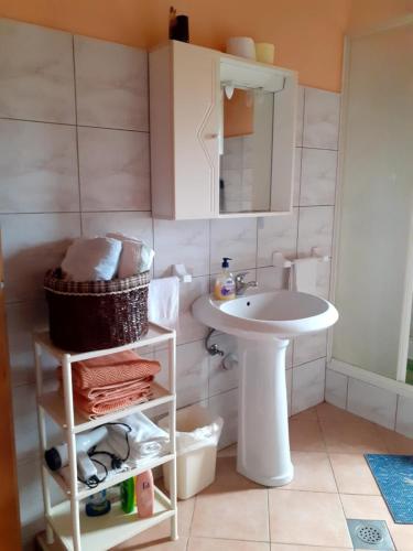 een badkamer met een wastafel, een toilet en een spiegel bij Apartment Irena in Fužine