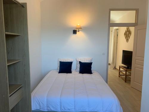 een slaapkamer met een wit bed met blauwe kussens bij Casa Lisà in Sartène