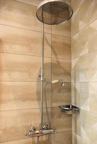 a shower with a shower head in a bathroom at Le Charles V in Meursault